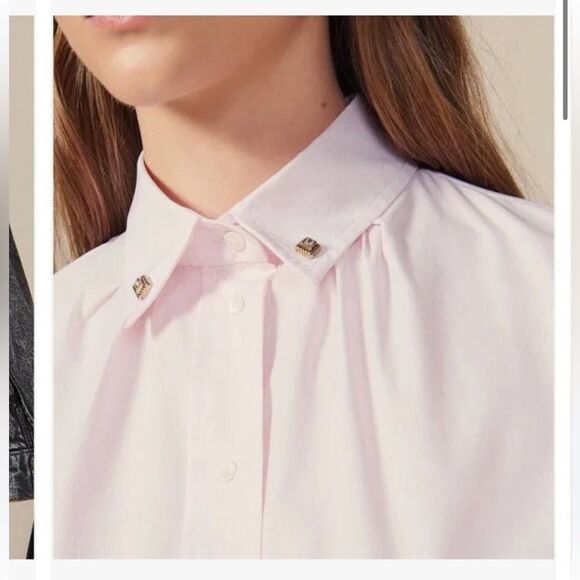 Sandro Women Shirt  French Casual Sz 0 Pink And White Striped Jeweled Button NWT - Picture 6 of 16